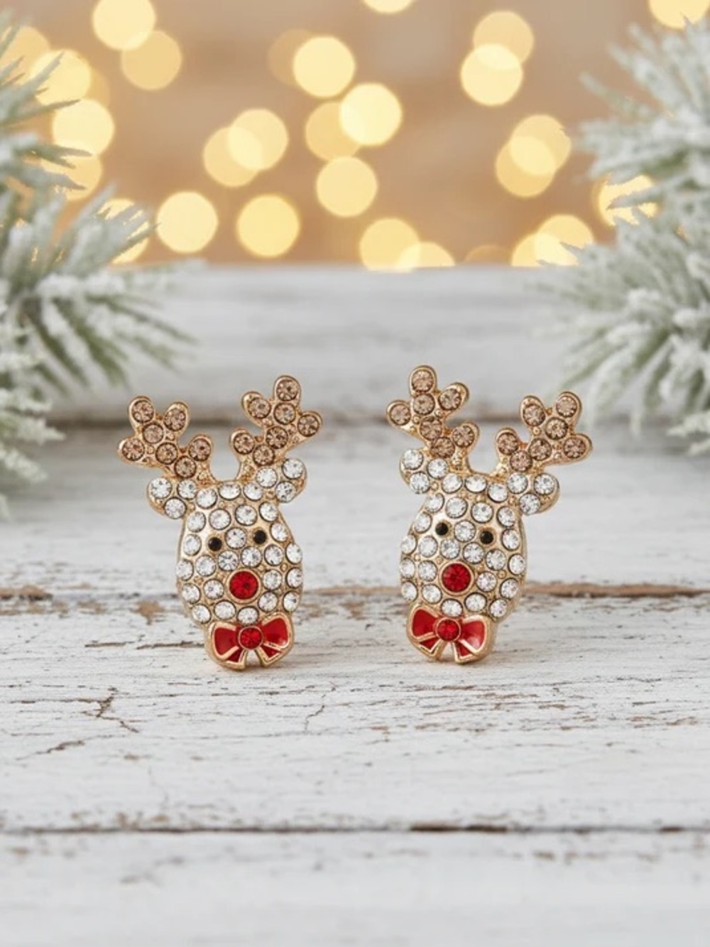 Gold Reindeer Crystal Stud Earrings with Red Accents